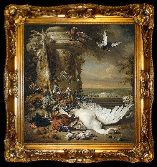 framed  Jan Weenix A monkey and a dog beside dead game and fruit, with the estate of Rijxdorp near Wassenaar in the background, ta009-2